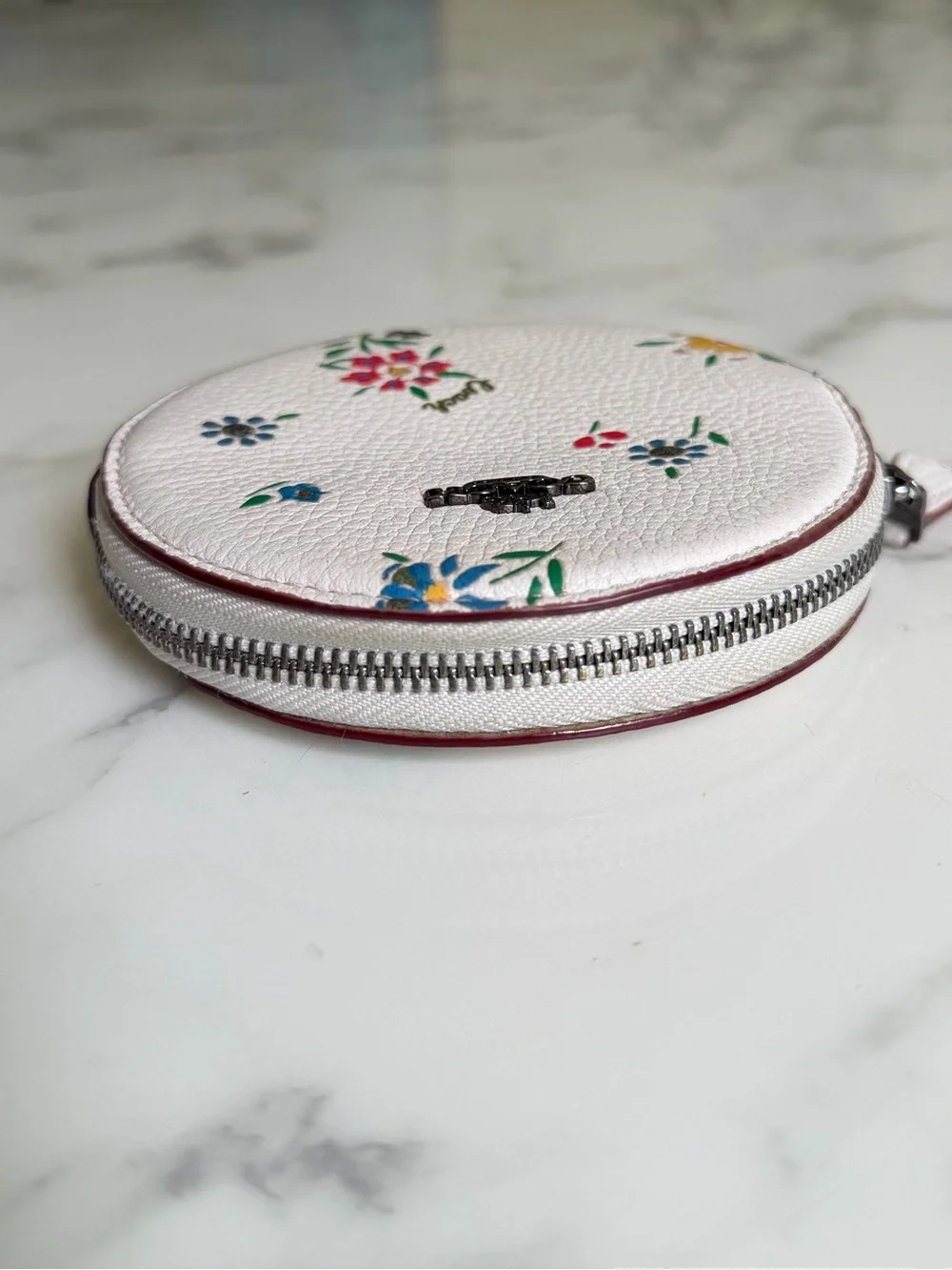 Coach Round Coin Case With Wildflower Print Chalk Floral Pebble Leather 1357